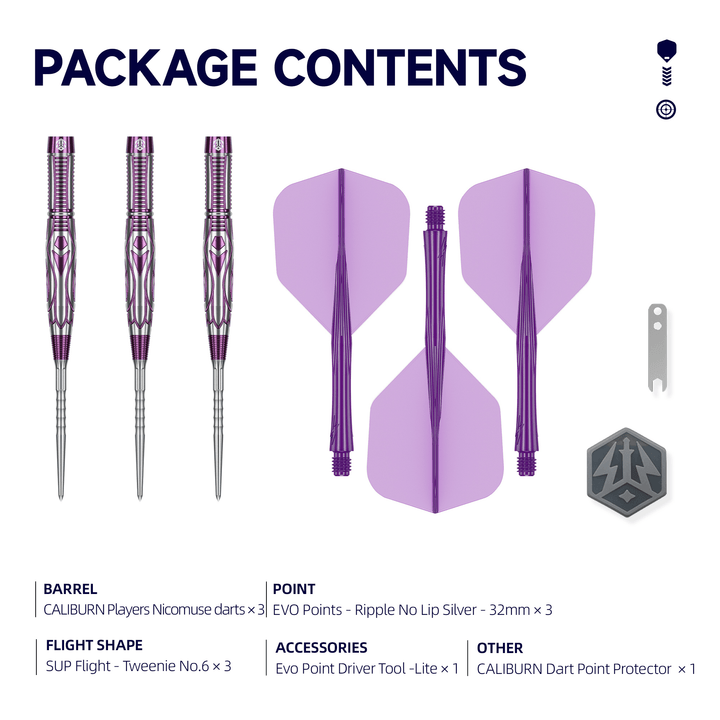 Caliburn Nicomuse Awakening Steeldarts package contents