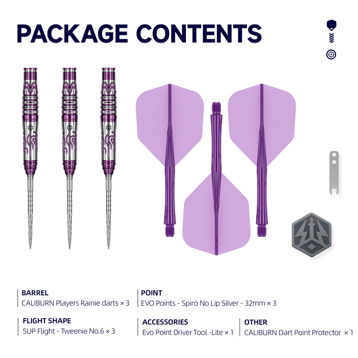 Caliburn Rainie Awakening Steeldarts package contents