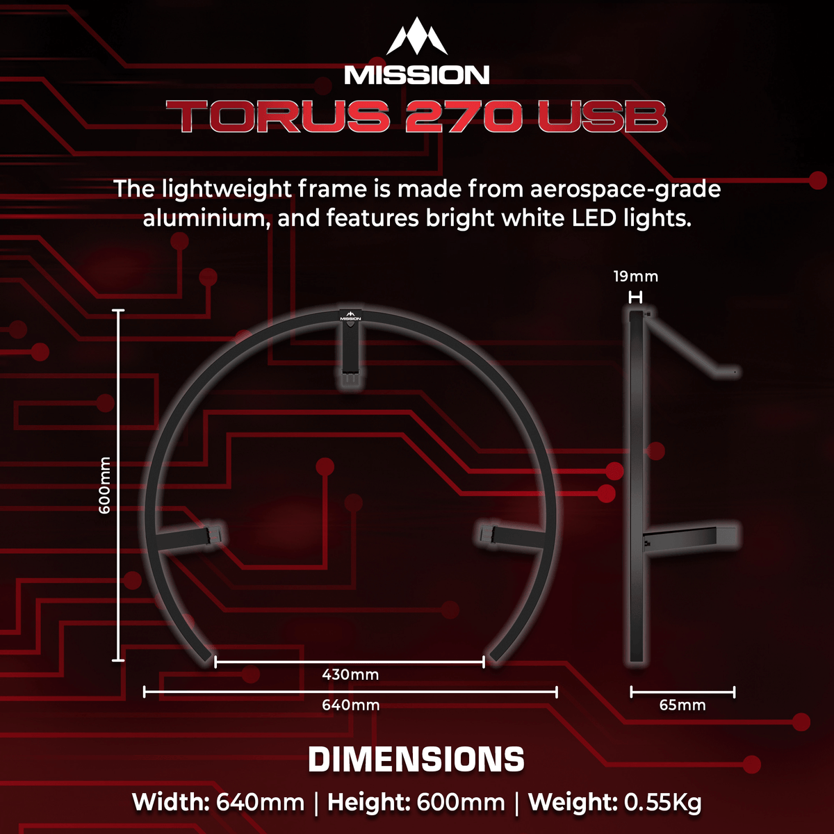 Mission Torus 270 Dartboard Beleuchtung Schwarz Abmesung