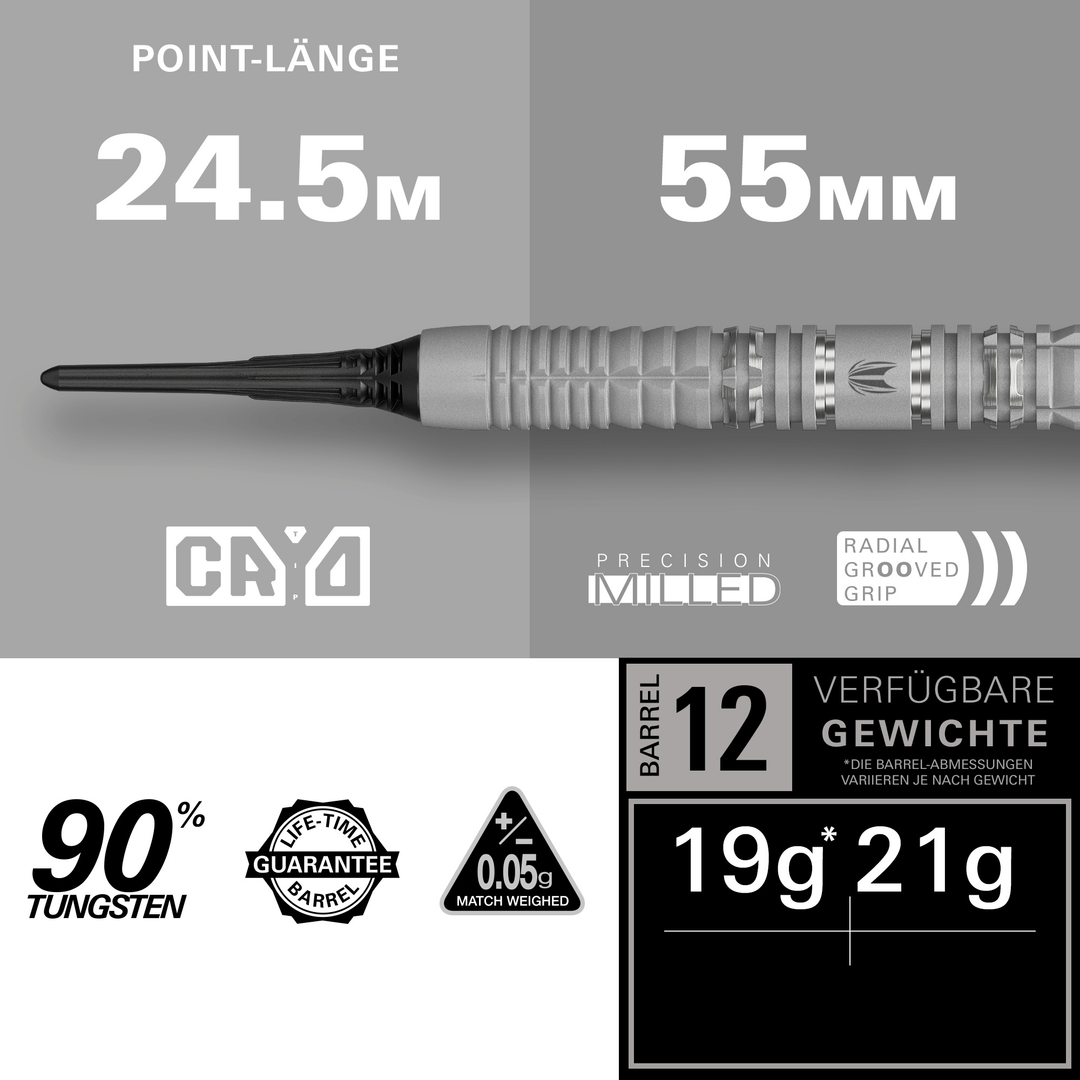 Target Cryo 12 Softdarts Maße Spitze und Barrel 21g