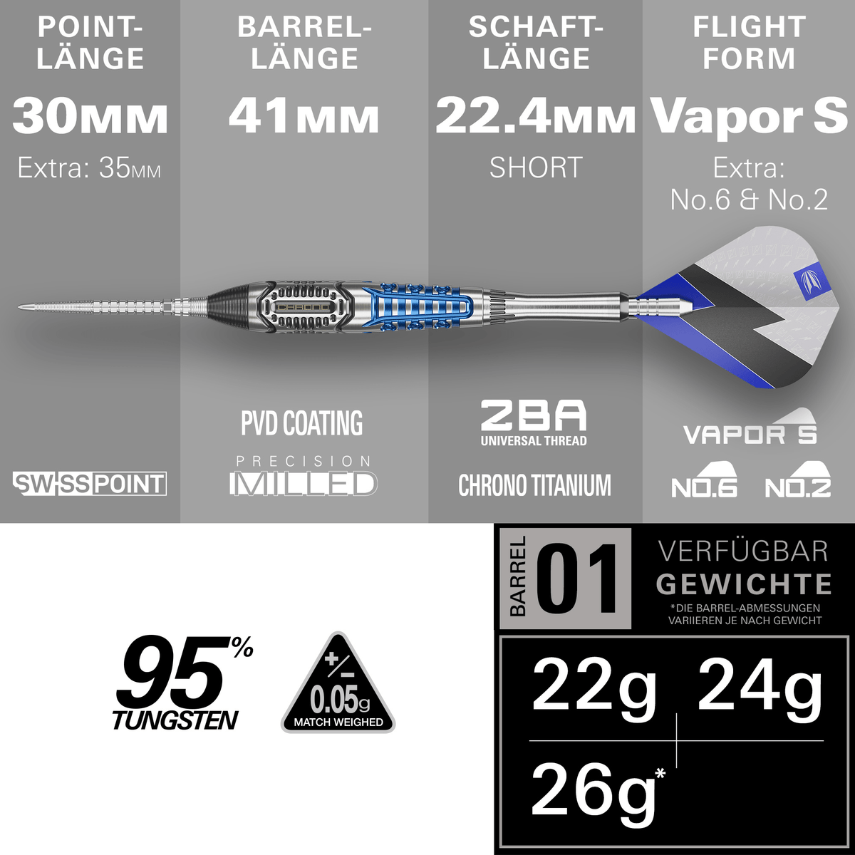 Target Phil Taylor Power Chrono Swiss Point Steeldarts Maße 22g, 24g